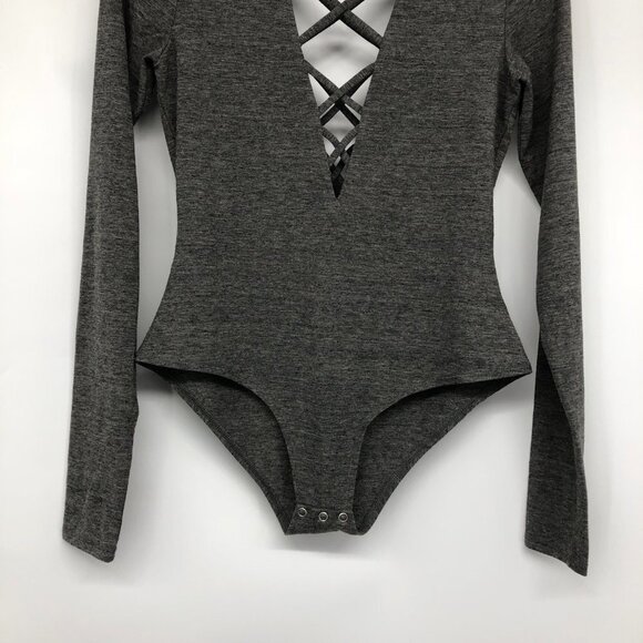 Chaser Grey Heathered Long Sleeve Criss Cross Body Suit size S - Picture 7 of 16
